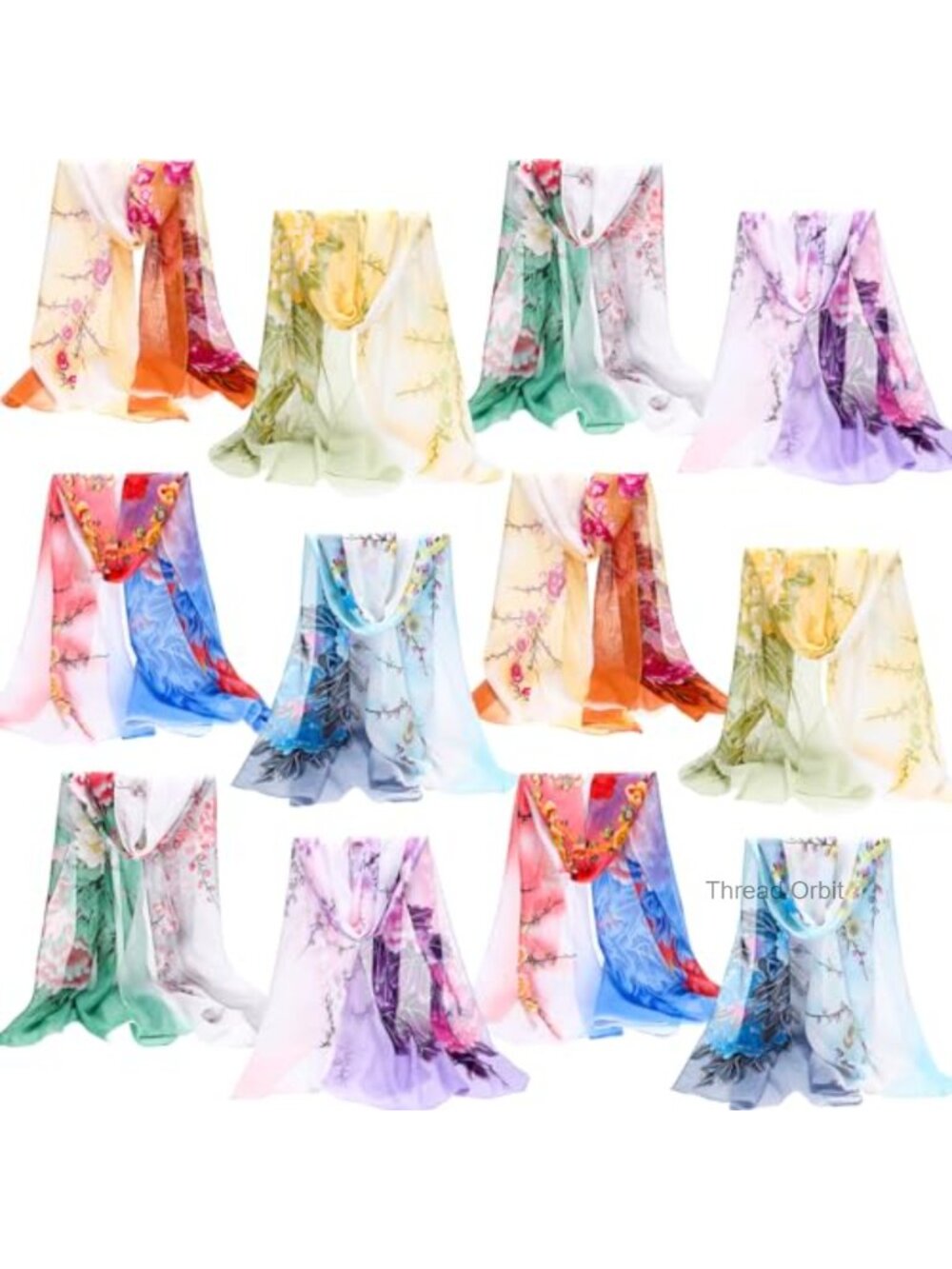 12 Pc Silk Chiffon Peony Scarves Set Lightweight Floral Shawl